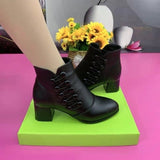 Niulatu Winter Women Boots Pu Leather Solid Color Mid Chunky Heel Ankle Boots Button Pumps Shoes Warm Ladies Short Booties DJSE