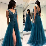 Niulatu Long Prom Dresses V-Neck High Slit Appliqued Tulle Backless Long Evening Party Gowns F Formal Dress Abendkleider prom dress HZ0113