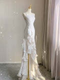 Niulatu Mermaid Scoop Satin Night Party Dress White Long Prom Dresses SD1524