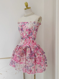 Niulatu A line Strapless Sleeveless Pink Floral Cocktail Dress Short Birthday Outfits SD388