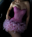 Niulatu Pink Strapless Beaded Tulle Feather Short Prom Dress HZ0113