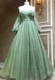 Niulatu Green Tulle Puffy Sleeves Formal Dresses A Line Green Long Evening Gown HZ1007