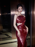 Niulatu Strapless Sequin Rose Flowers Prom Dress Mermaid Long Evening Dress HZ1007
