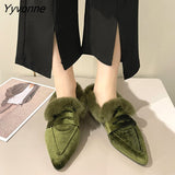 Niulatu Mules Women Fashion Pointed Toe Fur Loafers Ladies Brand Design Outdoor Furry Slides Evening Party Heeled Shoes DJSE