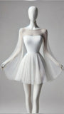 Niulatu White A Line Round Neck Long Sleeve Chiffon Satin Homecoming Dress Outfits HZ0113
