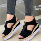 Niulatu Women Sandals Fashion Fish Mouth Hollow Wedge Flat Shoes Front Zip Casual Platform Comfortable Roman Sandals Sandalias Playa DJSE