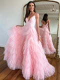 Niulatu Pink A-Line Tiered Spaghetti Straps Tulle Prom HZ1007
