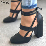 Niulatu Women's Pumps Plus Size 35-43 Women Gladiator Summer High Heels for Party Wedding Shoes Thick Heels Fashion Lace-up Female Black DJSE