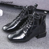 Niulatu Women Boots Shiny PU Leather Autumn Winter Shoes Womens Spuare Toe Block Heels Ankle Boots Female Botas Zapatos Mujer DJSE