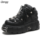 Niulatu Women's New Rock Shoes Gothic Chunky Platform Ankle Boots Punk Style Heels Height 6CM Sneakers Lace-up PU Metal Decor DJSE