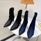 Niulatu Women Ankle Boots Pointed Toe Sock Botas Thick High Heels Black/Blue Denim Stretch Shoes Back Zipper Winter Autumn Botas DJSE