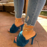 Niulatu Fur Slippers Woman Fashion Feather High Heels Woman Square Toe Mules Lady Slides Shoes Plus Size New Size 43 DJSE