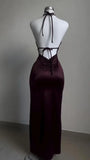 Niulatu Sheath Halter Sleeveless Burgundy Satin Backless Prom Dresses Long Evening Dress HZ1110