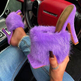Niulatu Fur Slippers Woman Fashion Feather High Heels Woman Square Toe Mules Lady Slides Shoes Plus Size New Size 43 DJSE