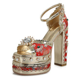 Niulatu Women's Sexy Embroidery Wedding Sandals Thick High Heel Platform Fish Mouth Pumps Gemstone Rivet Party Shoes Red Big Size DJSE
