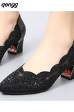 Niulatu Fashion Hollow Out Genuine Leather Pumps Women Shoes Med Heels Square Heel Mesh Ladies Office Shoes Crystal AD299 DJSE