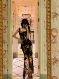 Niulatu Sheath Straps Floral Chiffon Slit Long Prom Dresses Birthday Outfits SD408