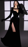 Niulatu Velvet Slit Evening Dresses Gloves Sleeve Fashion Gown Club Party Dress for Women HZ1007