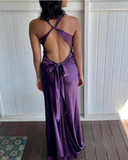 Niulatu A-Line V Neckline Grape Satin Long Prom Dresses Formal Evening Dress SD1389