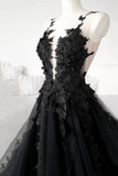 Niulatu Black Lace Tulle Long Prom Dress Black Evening Dress HZ0113