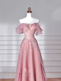 Niulatu Pink Tulle Sequins Beaded A Line Prom Dress Off The Shoulder Long Evening Dress HZ1007
