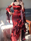 Niulatu High Low Spaghetti Straps Floor Length Burgundy Flowers Prom Dresses Birthday Dress SD463