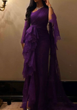 Niulatu Purple One Shoulder Lace Slit Ruffles Prom Dress Evening Dress HZ1007