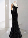 Niulatu Mermaid Spaghetti Straps Black Sequin Long Prom Dresses Party Dress With Beads HZ1110