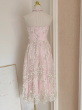 Niulatu A line High Neckline Pink Tulle Dinner Party Dresses Birthday Outfits SD393