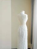 Niulatu White Sequins Pearls Chain Sheath Long Prom Dress Evening Dress HZ1007