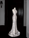 Niulatu V Neck Silver Sequins Backless Mermaid Prom Dress Evening Dress HZ1007