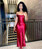 Niulatu Red Satin Mermaid Spaghetti Straps Long Evening Dress HZ1007