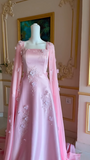 Niulatu Pink Satin Long A Line Evening Dress Pretty Appliques Prom Dress HZ1007