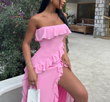Niulatu Pink Strapless Ruffle Slit Evening Dress Long Birthday Prom Dress HZ1007
