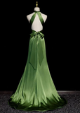 Niulatu A line Green Satin Halter Backless Prom Dress Prom Dress SD1294