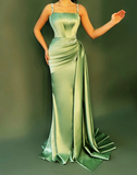 Niulatu Blue Spaghetti Straps Satin Beaded Mermaid Prom Dress Evening Dress HZ1007