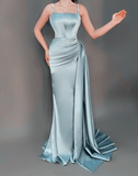 Niulatu Blue Spaghetti Straps Satin Beaded Mermaid Prom Dress Evening Dress HZ1007