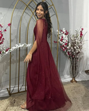 Niulatu Burgundy One Shoulder Tulle Sequins Evening Gown Slit Prom Dress HZ1007