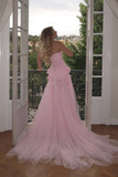 Niulatu Pink Strapless High Slit Flower Prom Dress HZ0113