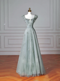 Niulatu Light Green Square Neck Tulle Beaded Prom Dress A Line Evening Dress HZ1007