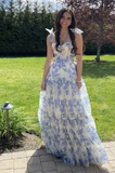 Niulatu Blue Floral Print Long Prom Dress Blue Evening Dress HZ1007