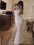 Niulatu Spaghetti Straps White Mermaid Evening Dress Long Prom Dress HZ1007