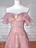 Niulatu Pink Tulle Sequins Beaded A Line Prom Dress Off The Shoulder Long Evening Dress HZ1007