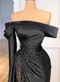 Niulatu Black Beaded Satin Sheath Prom Dress Off The Shoulder Long Evening Dress HZ1007