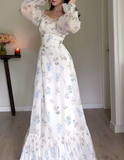 Niulatu Chiffon Flowers Print Ruffle Long Sleeve Prom Dresses Formal Evening Gown HZ1007