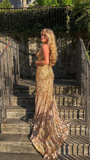 Niulatu Mermaid Golden Sequin Long Sweep Open Back Prom Dress Evening Dress HZ0113