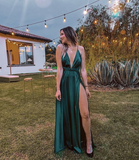 Niulatu A Line Deep V Neck Floor Length Evening Dress Green Bridesmaid Dress HZ1007