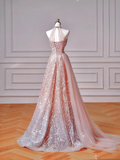 Niulatu Pink Halter Sequins Tulle A Line Prom Dress Evening Dress HZ1007