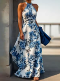 Niulatu Arrive Sleeveless Satin Floral Print Halter Neck A Line Evening Dress Blue Prom Dress HZ1007