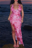 Niulatu Halter Chiffon Print Ruffles Evening Dress Side Slit Prom Dress HZ1007
